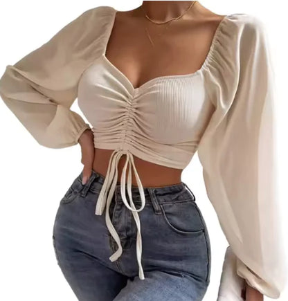 V-Neck Drawstring Crop Top with Balloon Sleeves – Stylish Streetwear