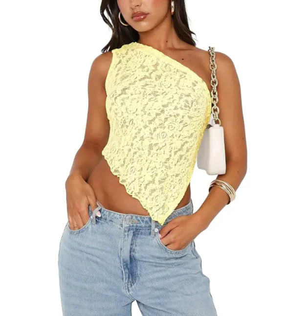 Fairy Lace Cami Top – One-Shoulder Mesh Crop