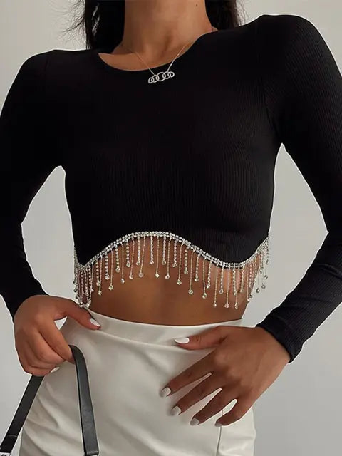 Elegant Rhinestone Tassel Cropped Top