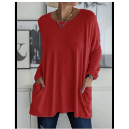 European & American Loose Fit Long Sleeve Round Neck Top with Pockets