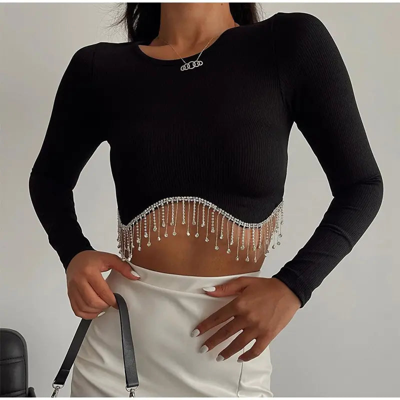 Elegant Rhinestone Tassel Cropped Top