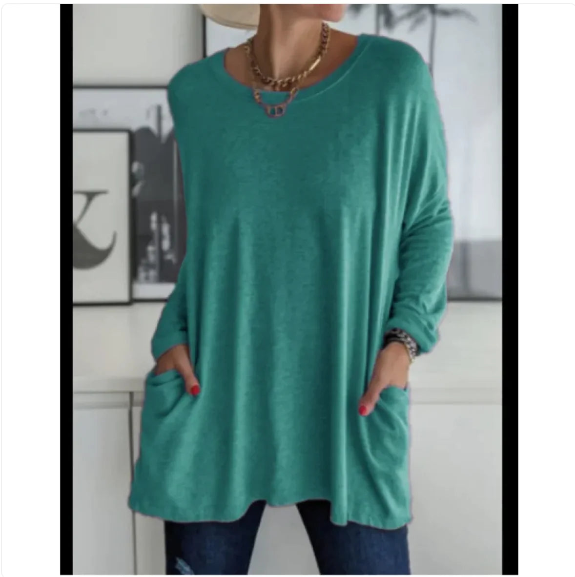 European & American Loose Fit Long Sleeve Round Neck Top with Pockets