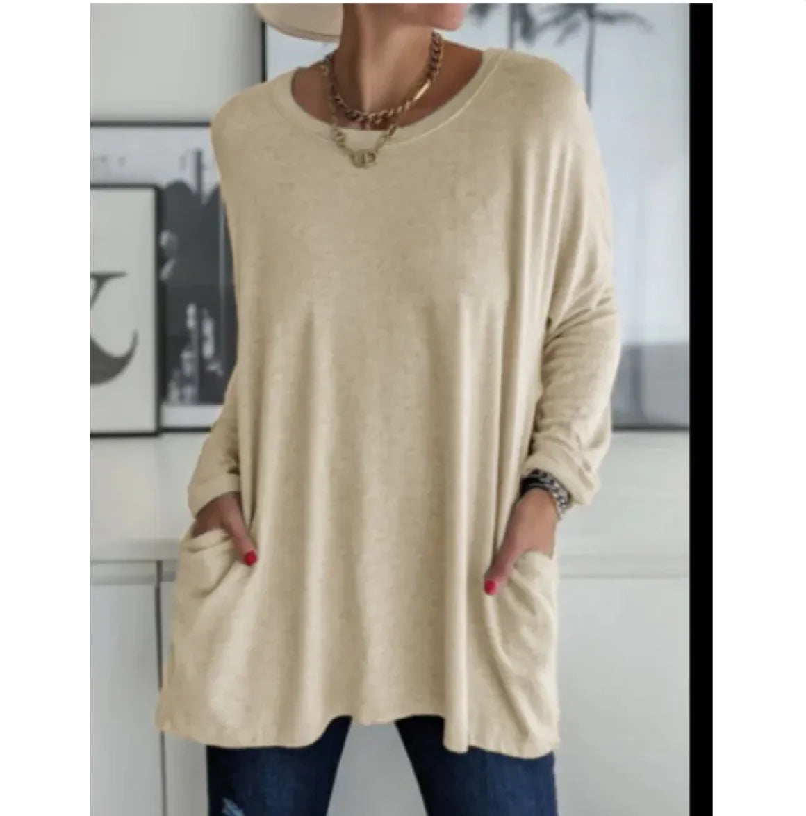 European & American Loose Fit Long Sleeve Round Neck Top with Pockets