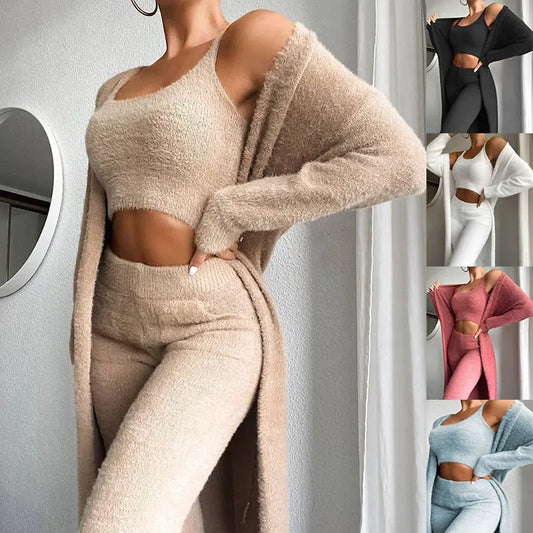 3-Piece Women's Fluffy Crop Top, Skinny Pants & Longline Coat Set