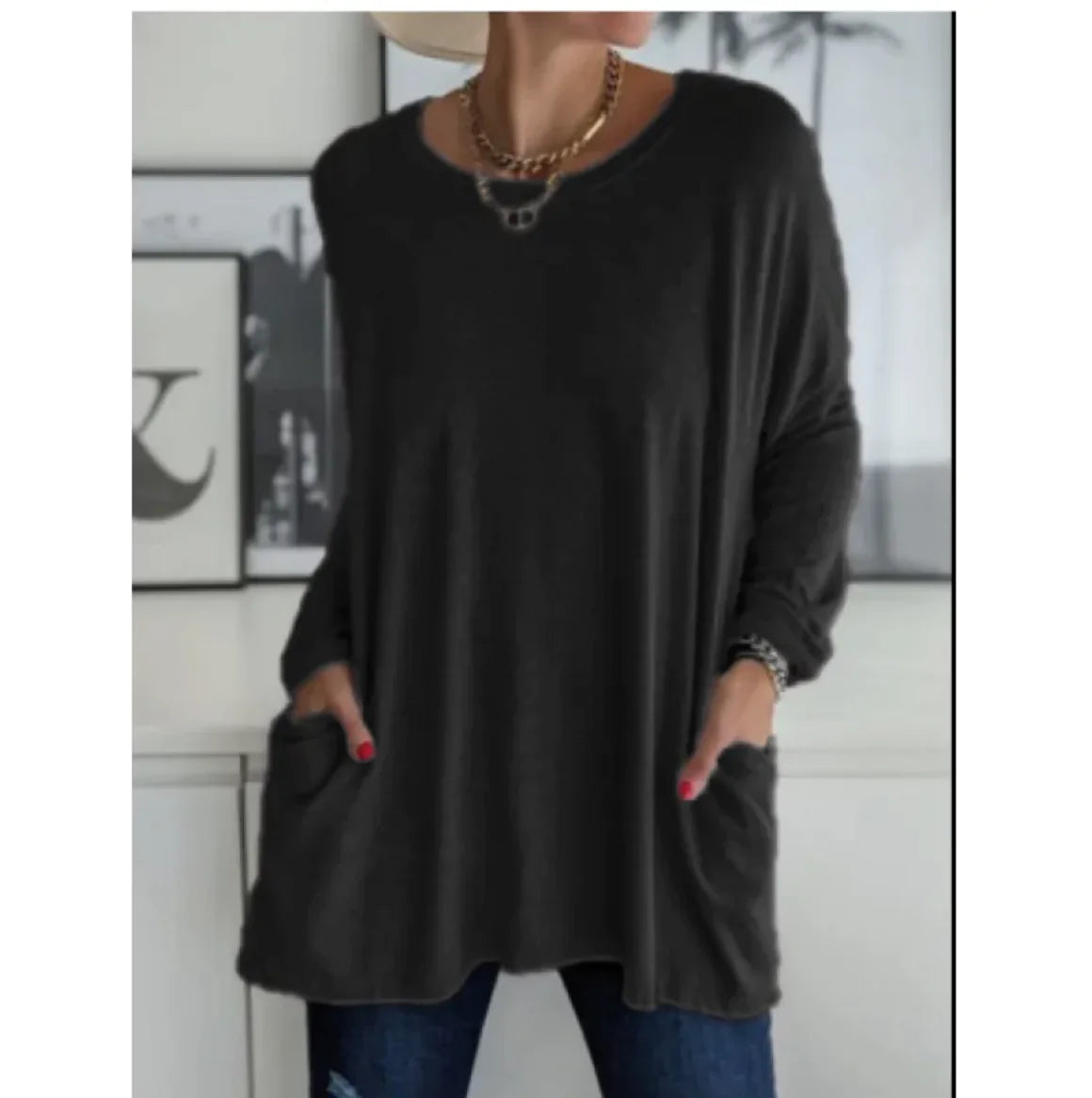 European & American Loose Fit Long Sleeve Round Neck Top with Pockets