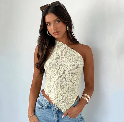 Fairy Lace Cami Top – One-Shoulder Mesh Crop