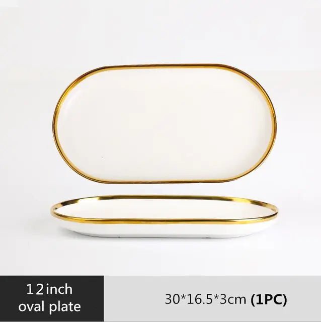 High - quality Matte Gilt Rim White Porcelain Dinner Tray Kitchen Plates Ceramic Tableware - Musttbuy