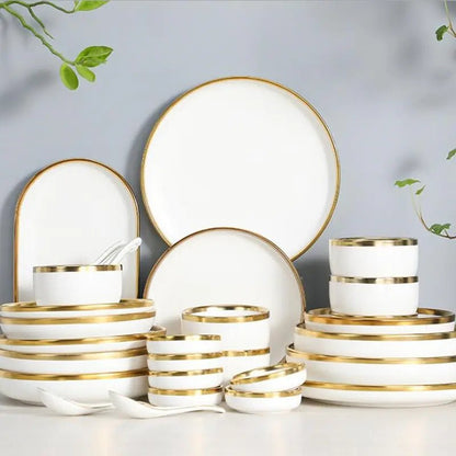 High - quality Matte Gilt Rim White Porcelain Dinner Tray Kitchen Plates Ceramic Tableware - Musttbuy