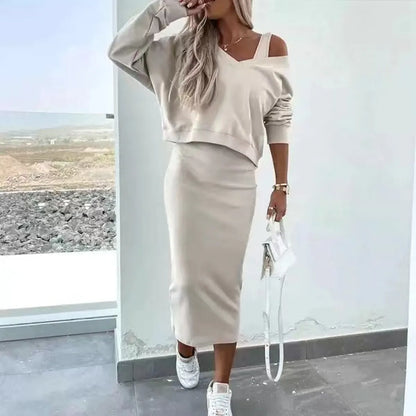 Women's V-Neck Vest & Skirt Sweater Set