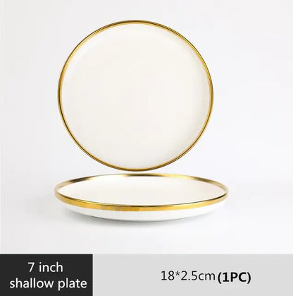 High-quality Matte Gilt Rim White Porcelain Dinner Tray Kitchen Plates Ceramic Tableware