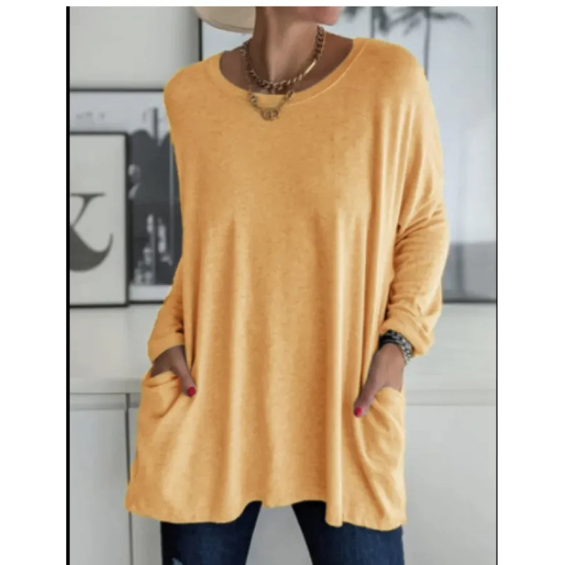 European & American Loose Fit Long Sleeve Round Neck Top with Pockets