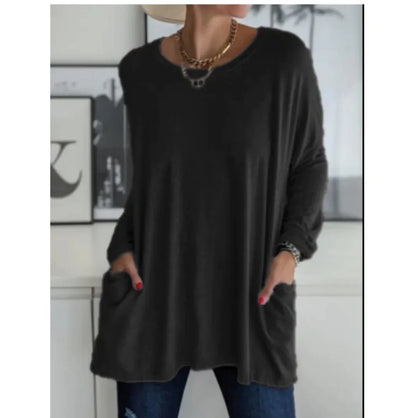 Loose Fit Long Sleeve Round Neck Top with Pockets - Musttbuy