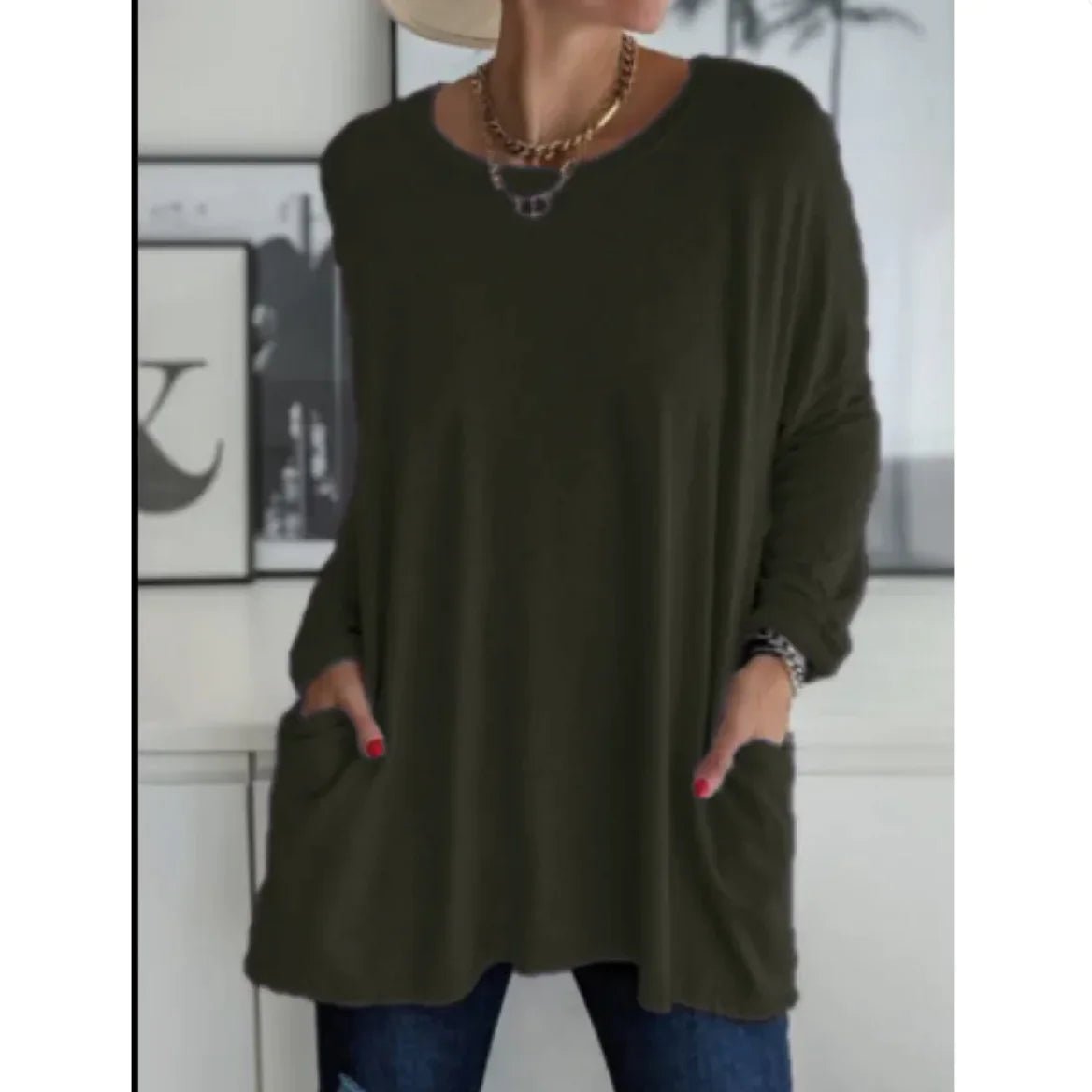 Loose Fit Long Sleeve Round Neck Top with Pockets - Musttbuy