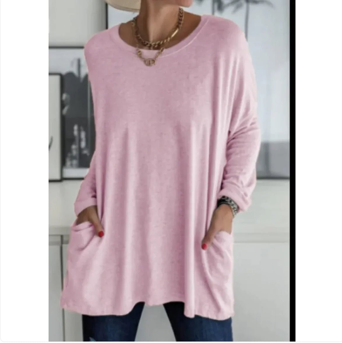 Loose Fit Long Sleeve Round Neck Top with Pockets - Musttbuy