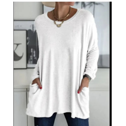 Loose Fit Long Sleeve Round Neck Top with Pockets - Musttbuy