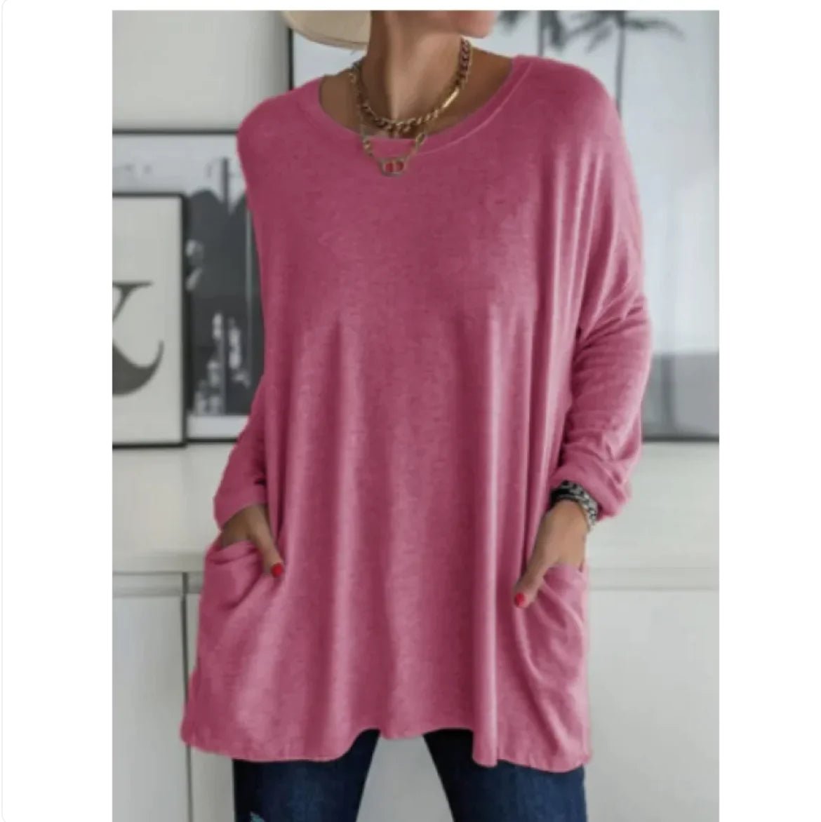 Loose Fit Long Sleeve Round Neck Top with Pockets - Musttbuy