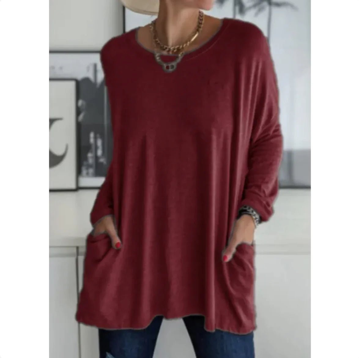 Loose Fit Long Sleeve Round Neck Top with Pockets - Musttbuy