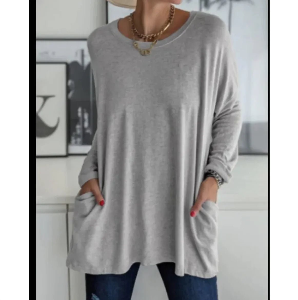 Loose Fit Long Sleeve Round Neck Top with Pockets - Musttbuy