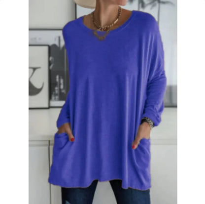 European & American Loose Fit Long Sleeve Round Neck Top with Pockets