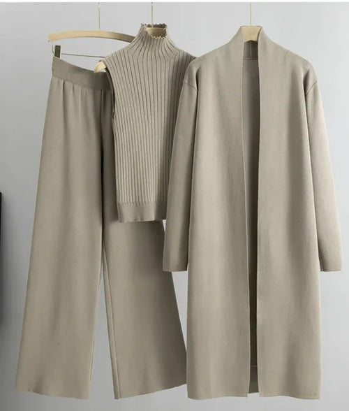 Women's 3-Piece Suit: Sleeveless Vest, Long Cardigan & Wide-Leg Pants Set