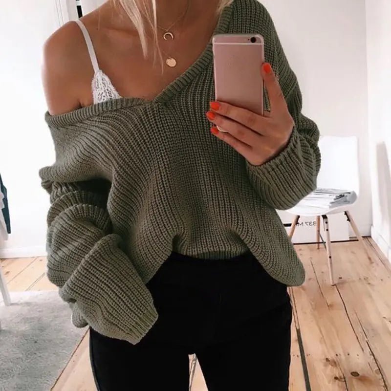 Solid Color Deep V Neck Long Sleeve Sweater - Women's Sweater - Musttbuy
