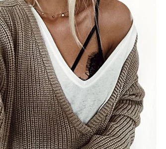 Solid Color Deep V Neck Long Sleeve Sweater - Women's Sweater - Musttbuy