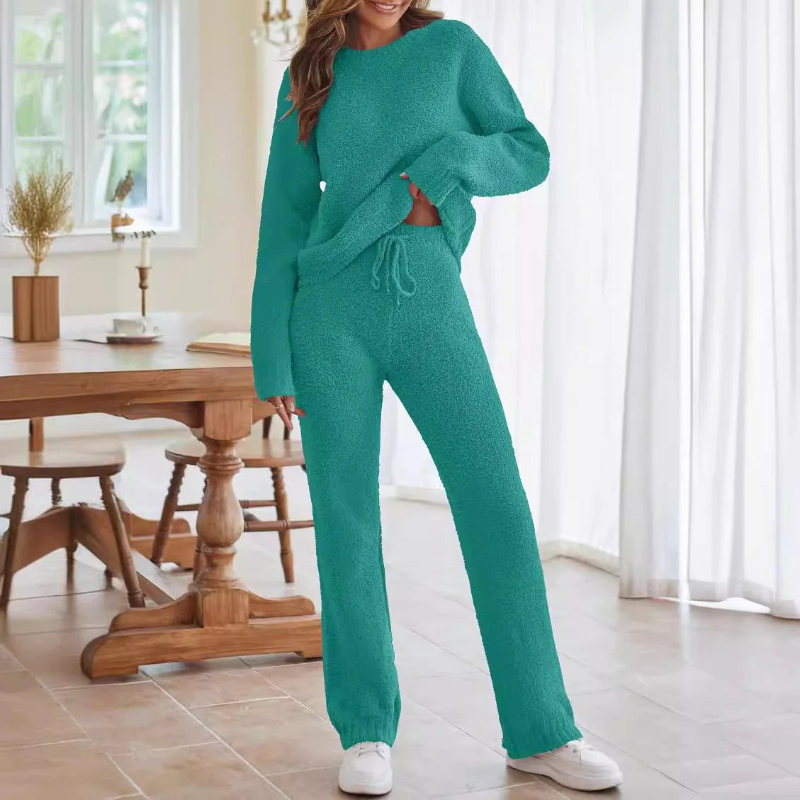 Solid Color Women's Round Neck Long Sleeve Trousers Warm Suit - Musttbuy