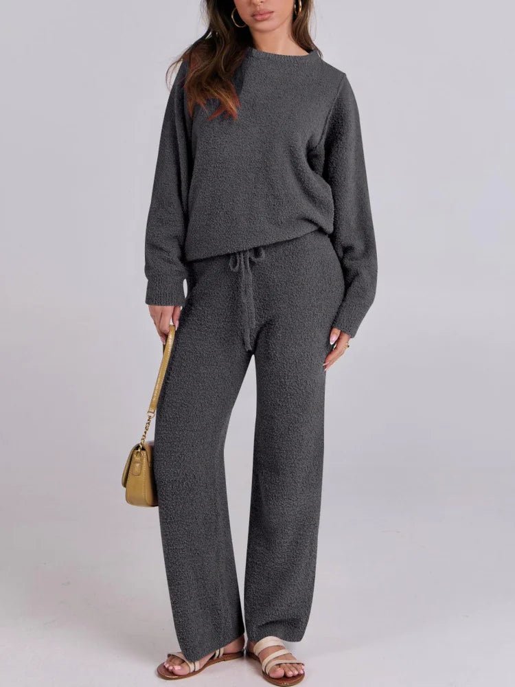 Solid Color Women's Round Neck Long Sleeve Trousers Warm Suit - Musttbuy