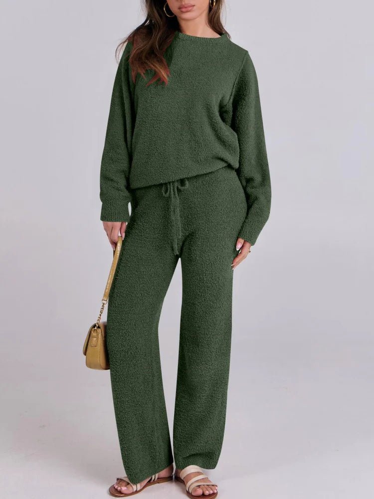 Solid Color Women's Round Neck Long Sleeve Trousers Warm Suit - Musttbuy
