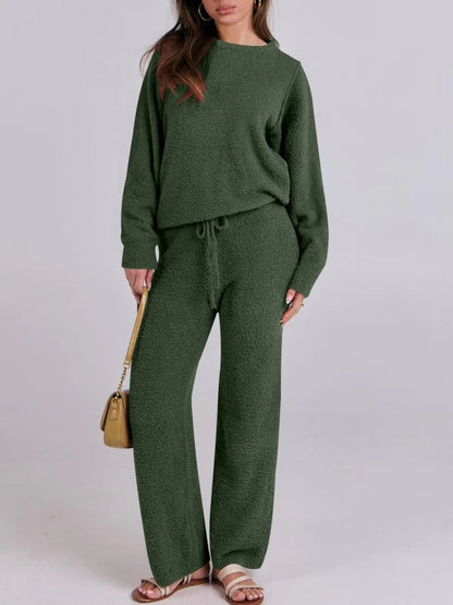 Solid Color Women's Round Neck Long Sleeve Trousers Warm Suit - Musttbuy