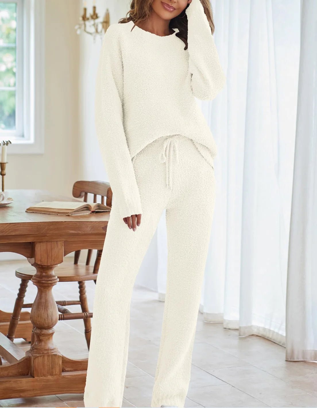Solid Color Women's Round Neck Long Sleeve Trousers Warm Suit - Musttbuy