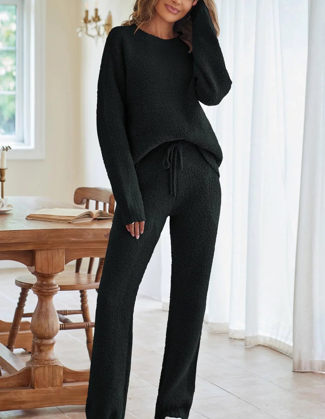 Solid Color Women's Round Neck Long Sleeve Trousers Warm Suit - Musttbuy