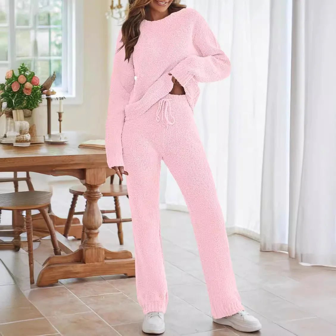 Solid Color Women's Round Neck Long Sleeve Trousers Warm Suit - Musttbuy