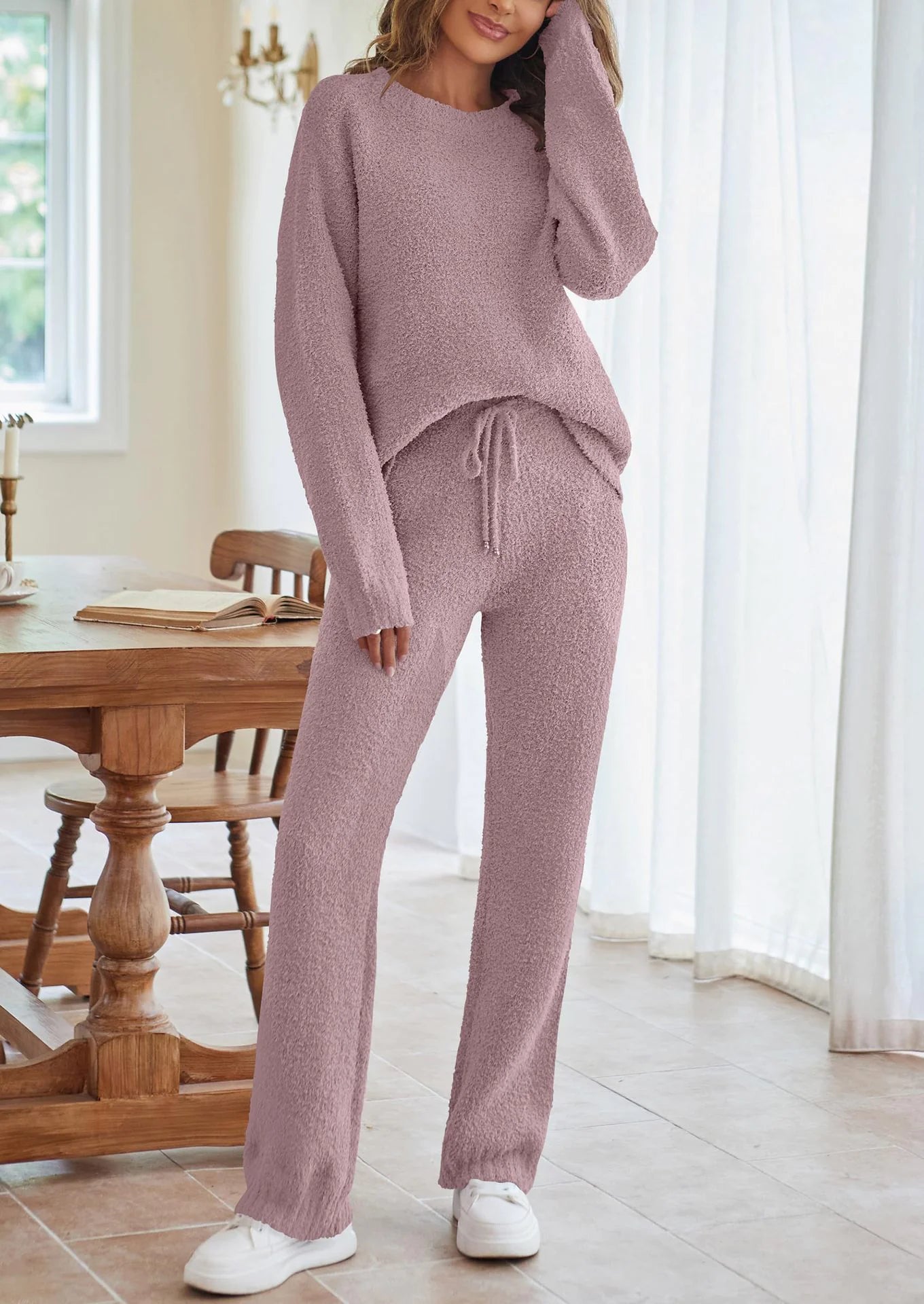Solid Color Women's Round Neck Long Sleeve Trousers Warm Suit - Musttbuy