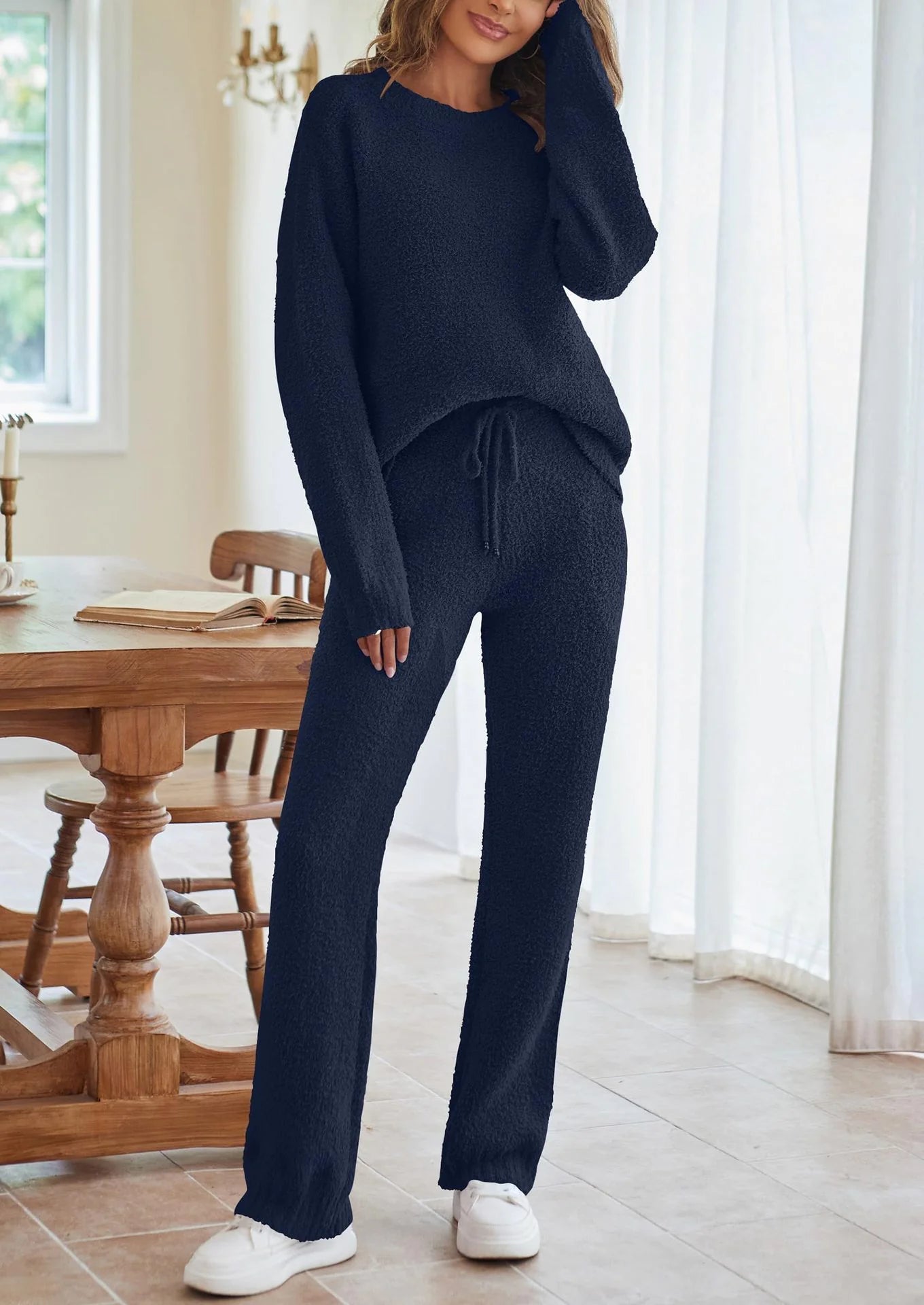Solid Color Women's Round Neck Long Sleeve Trousers Warm Suit - Musttbuy
