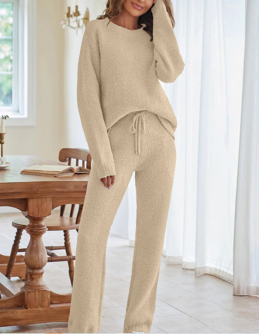 Solid Color Women's Round Neck Long Sleeve Trousers Warm Suit - Musttbuy