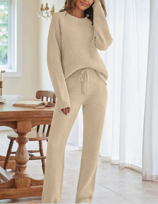 Solid Color Women's Round Neck Long Sleeve Trousers Warm Suit - Musttbuy