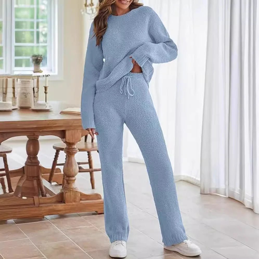 Solid Color Women's Round Neck Long Sleeve Trousers Warm Suit - Musttbuy