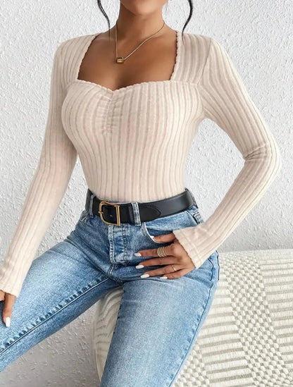 Solid Square Neck Ruched Beige Top - Musttbuy