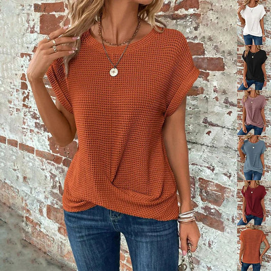 Summer Solid Color Waffle Crew Neck Tee for Women - Musttbuy