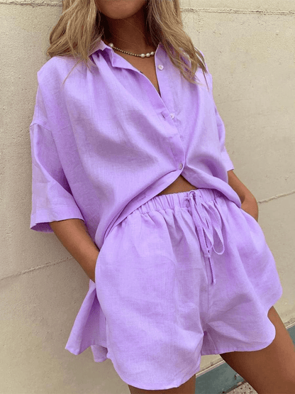 Turn - down Collar Shirt and Shorts Set - Musttbuy