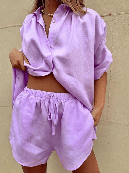 Turn - down Collar Shirt and Shorts Set - Musttbuy