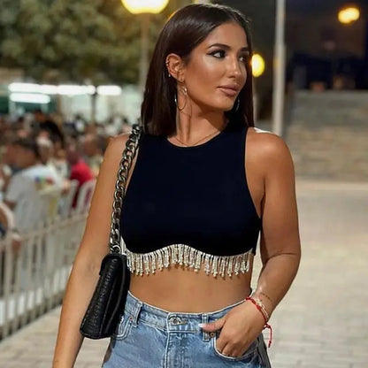 Elegant Rhinestone Tassel Cropped Top