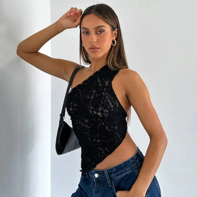 Fairy Lace Cami Top – One-Shoulder Mesh Crop