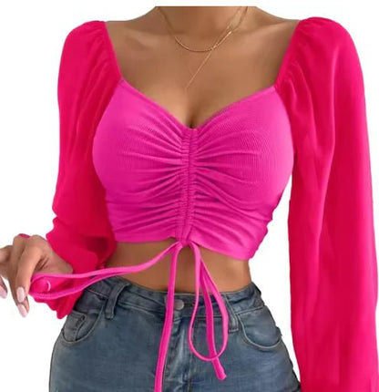 V - Neck Drawstring Crop Top with Balloon Sleeves – Stylish Streetwear - Musttbuy