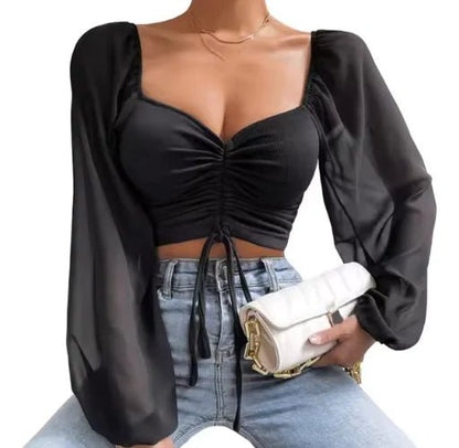V - Neck Drawstring Crop Top with Balloon Sleeves – Stylish Streetwear - Musttbuy