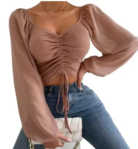 V - Neck Drawstring Crop Top with Balloon Sleeves – Stylish Streetwear - Musttbuy