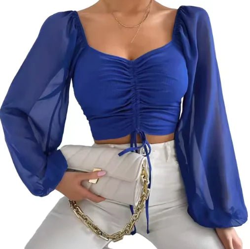 V - Neck Drawstring Crop Top with Balloon Sleeves – Stylish Streetwear - Musttbuy