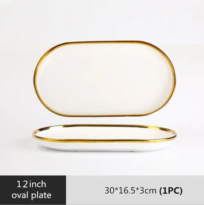 High-quality Matte Gilt Rim White Porcelain Dinner Tray Kitchen Plates Ceramic Tableware