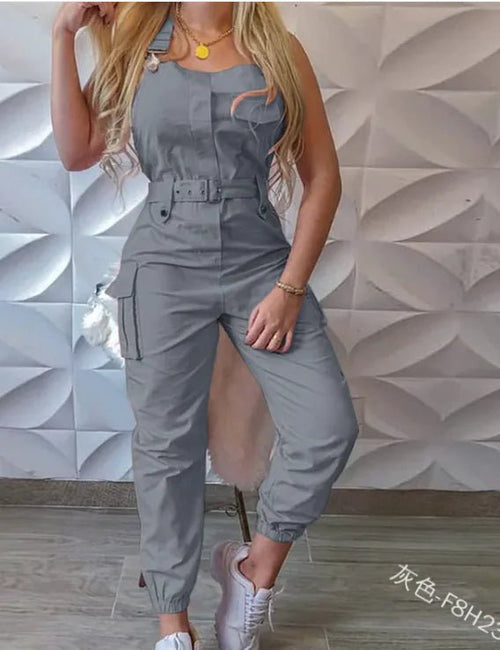 Women's Fashion Work Clothes Jumpsuit Belt Sleeveless - Musttbuy